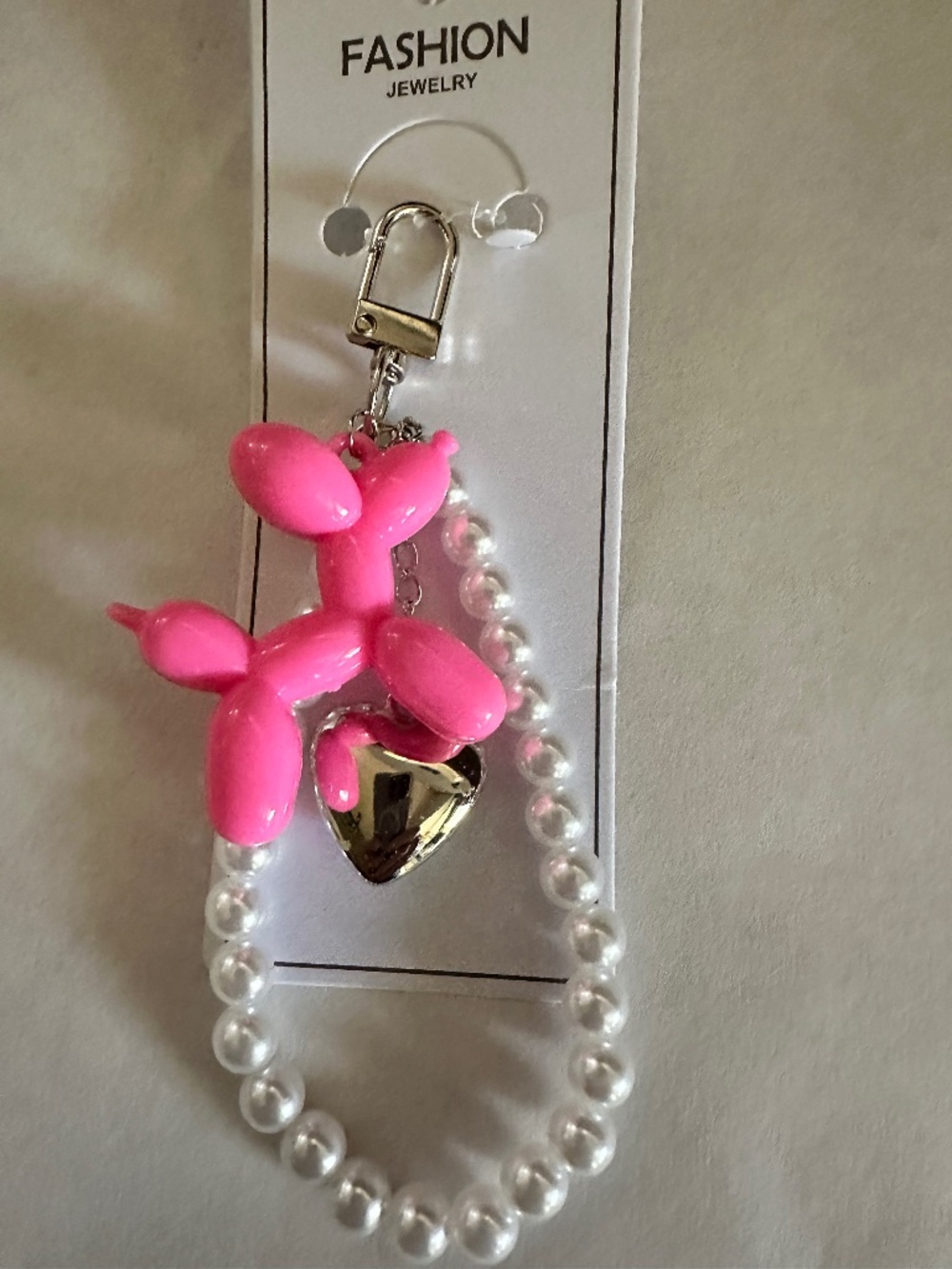 Balloon Dog Keychain w/ Silver Heart & Pearls | Cute Charm Accessory